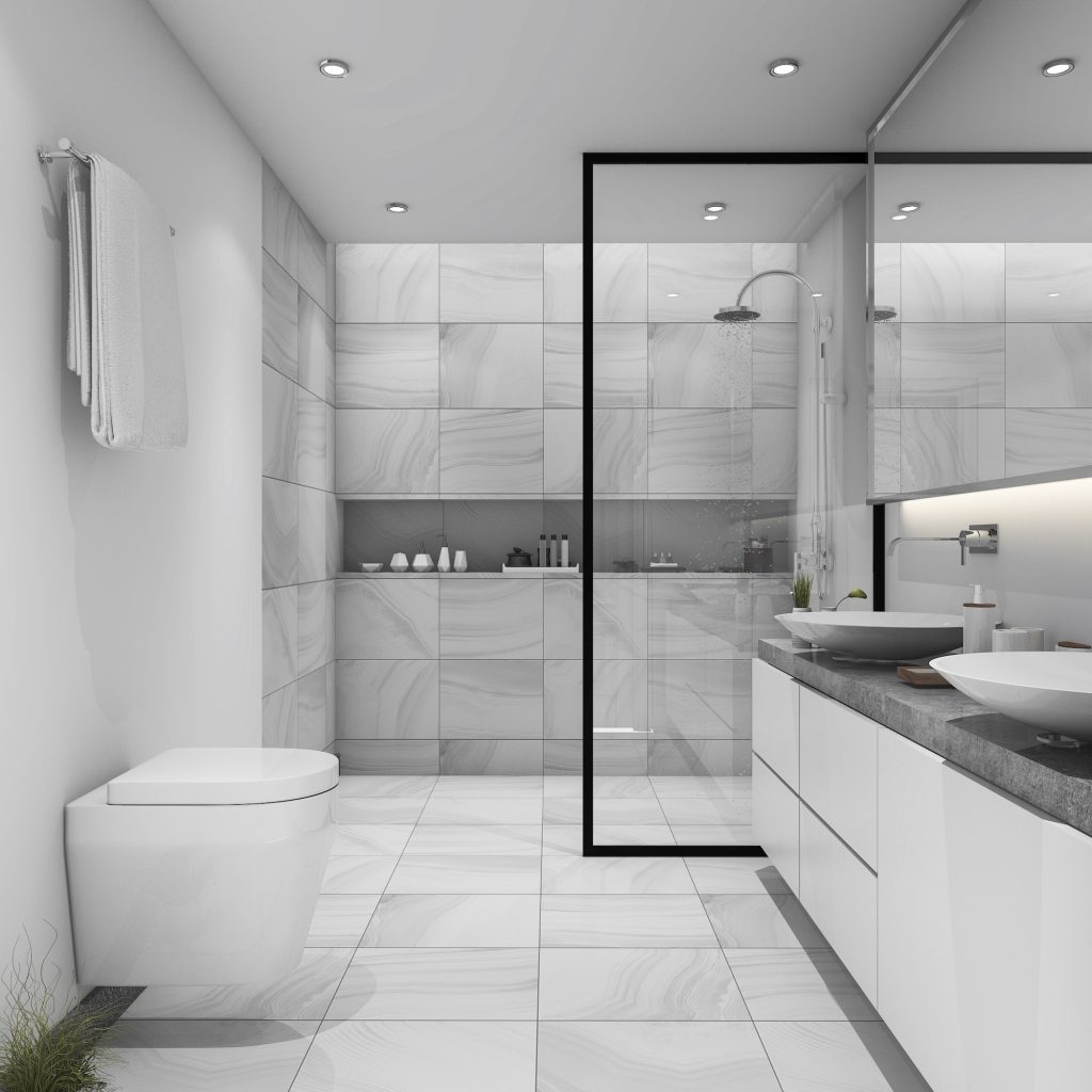 3d rendering white tile modern bathroom