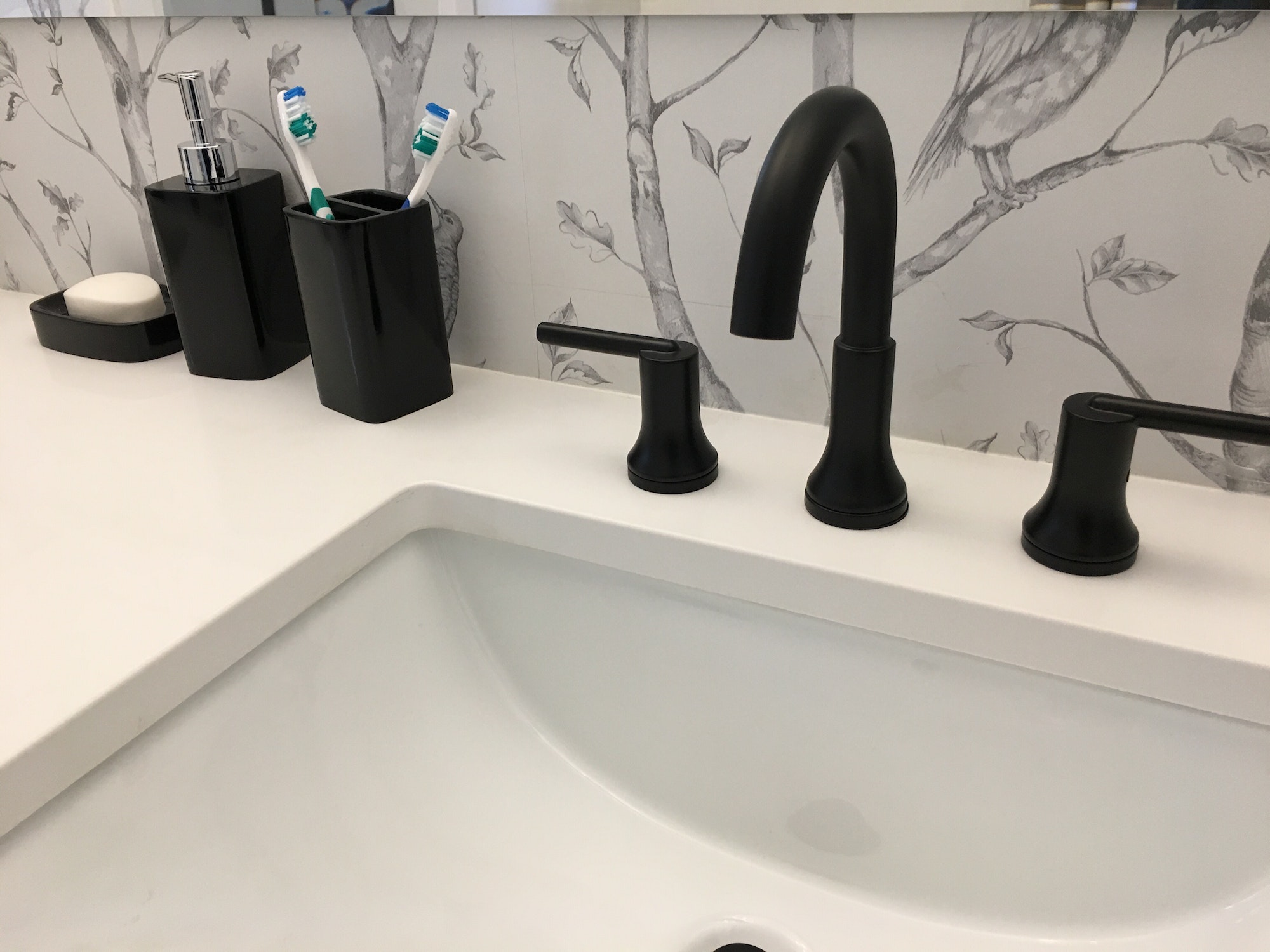 Stylish home decor in washroom using black color faucet and decorative accessories