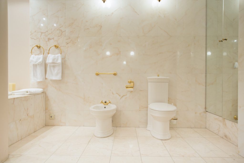 Toilet interior with marble tiles