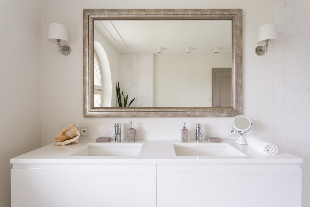 White vanity top with two sinks