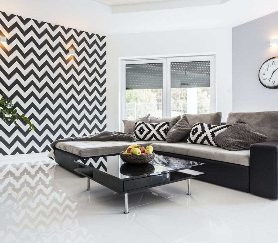 Posh living room with white tiled floor