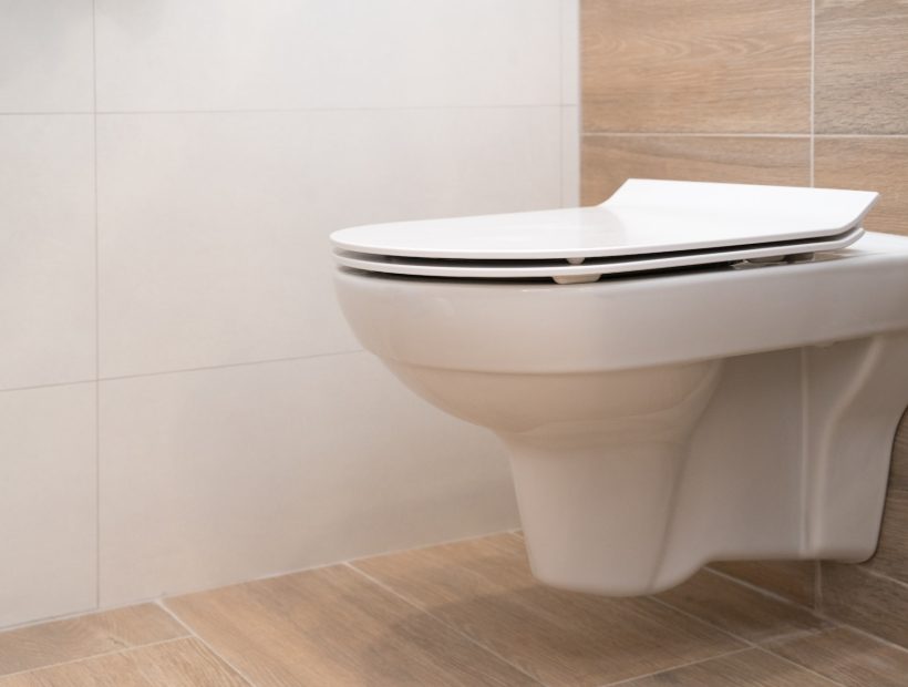 white ceramic compact toilet bowl with built-in cistern in the wall